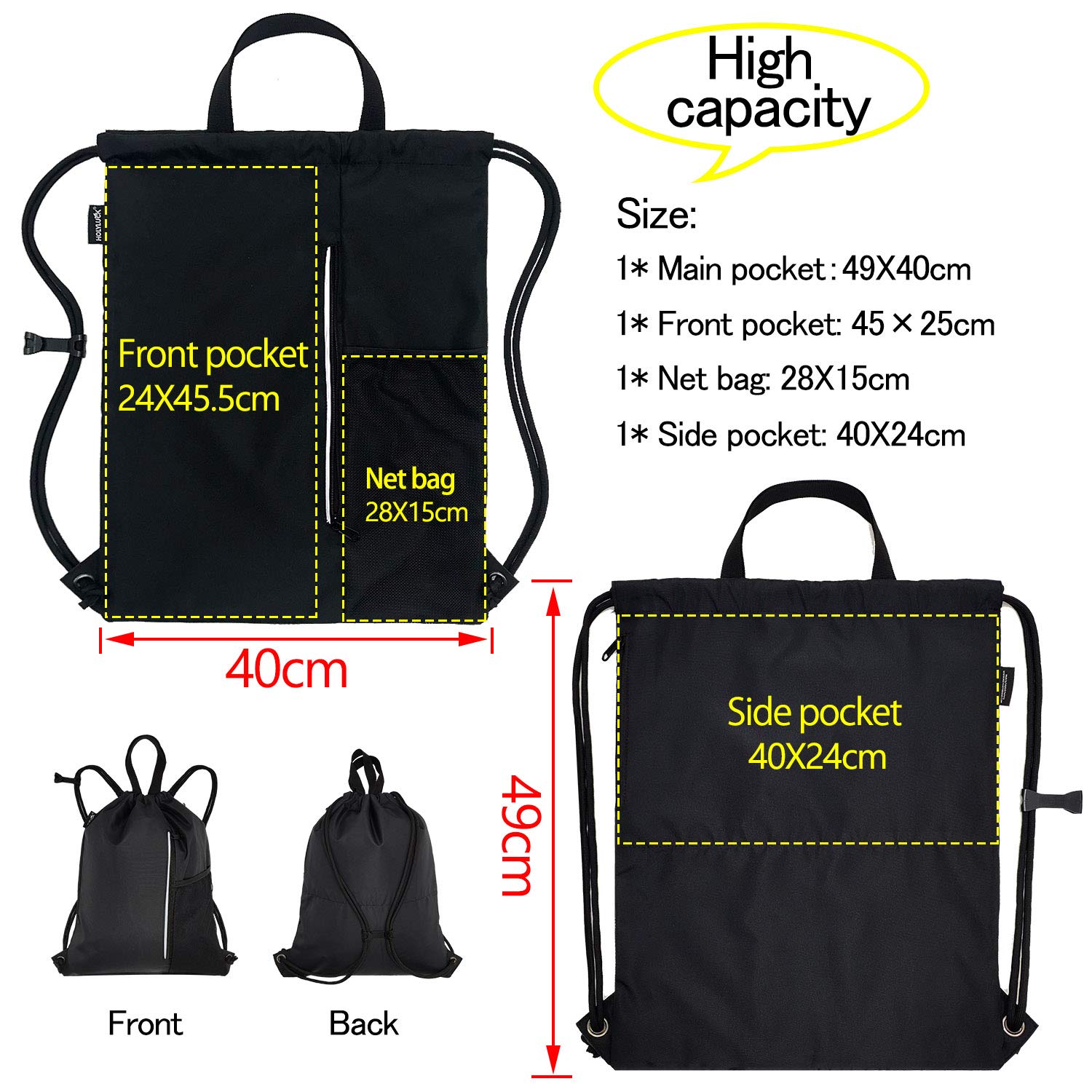 Outdoor Sport Gym Sack Waterproof Drawstring Backpack Bag Navy Blue HLC005