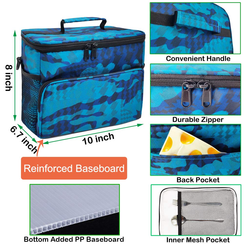 Reusable Insulated Cooler Lunch Bag Leakproof Meal Lunch Box with Multi-Pockets Blue Camo L HLC027