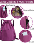 Drawstring Backpack Sports Gym Bag With Multi Pockets Purple HLC049