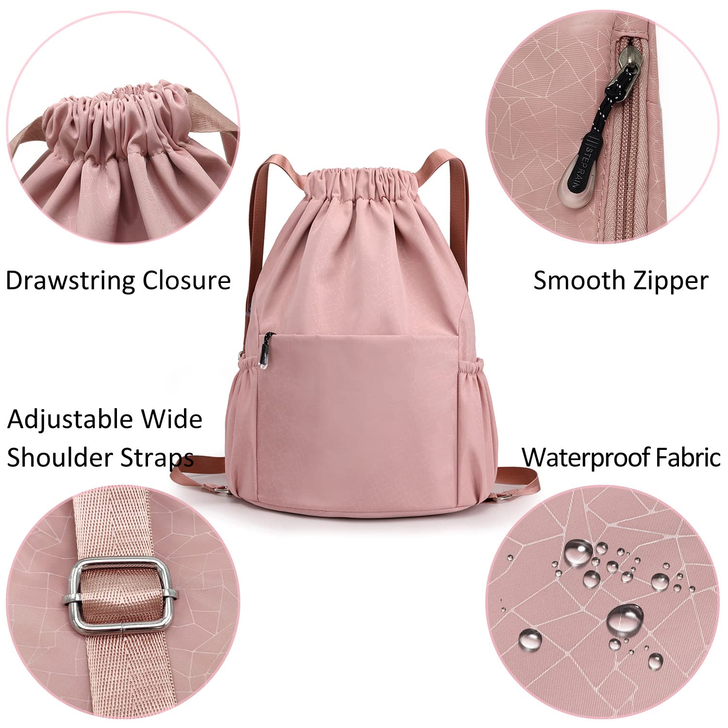Drawstring Backpack Sports Gym Bag With Multi Pockets Pink  HLC040
