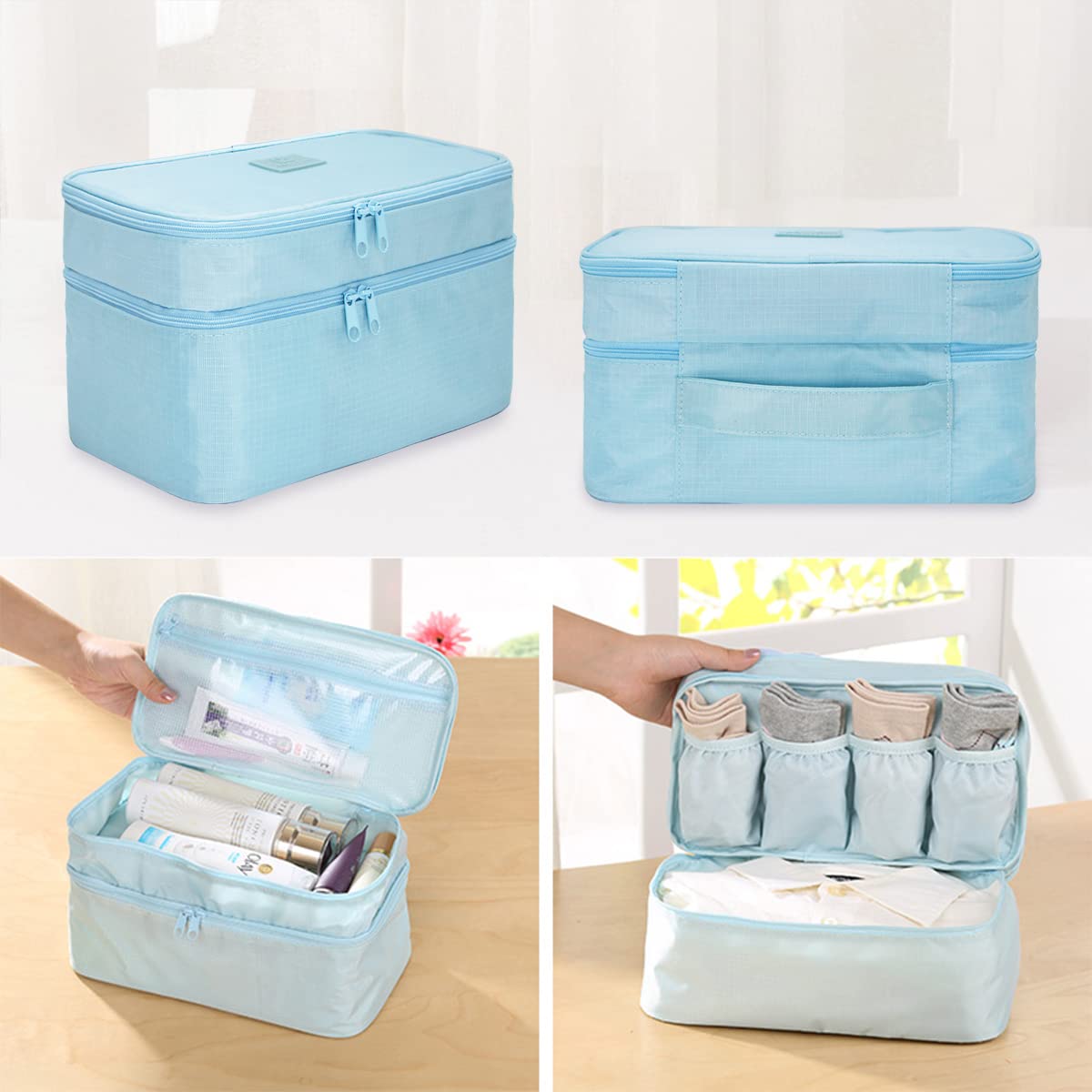 Travel Double Layer Waterproof Organizer Cosmetic Toiletry Bag Blue HLC063