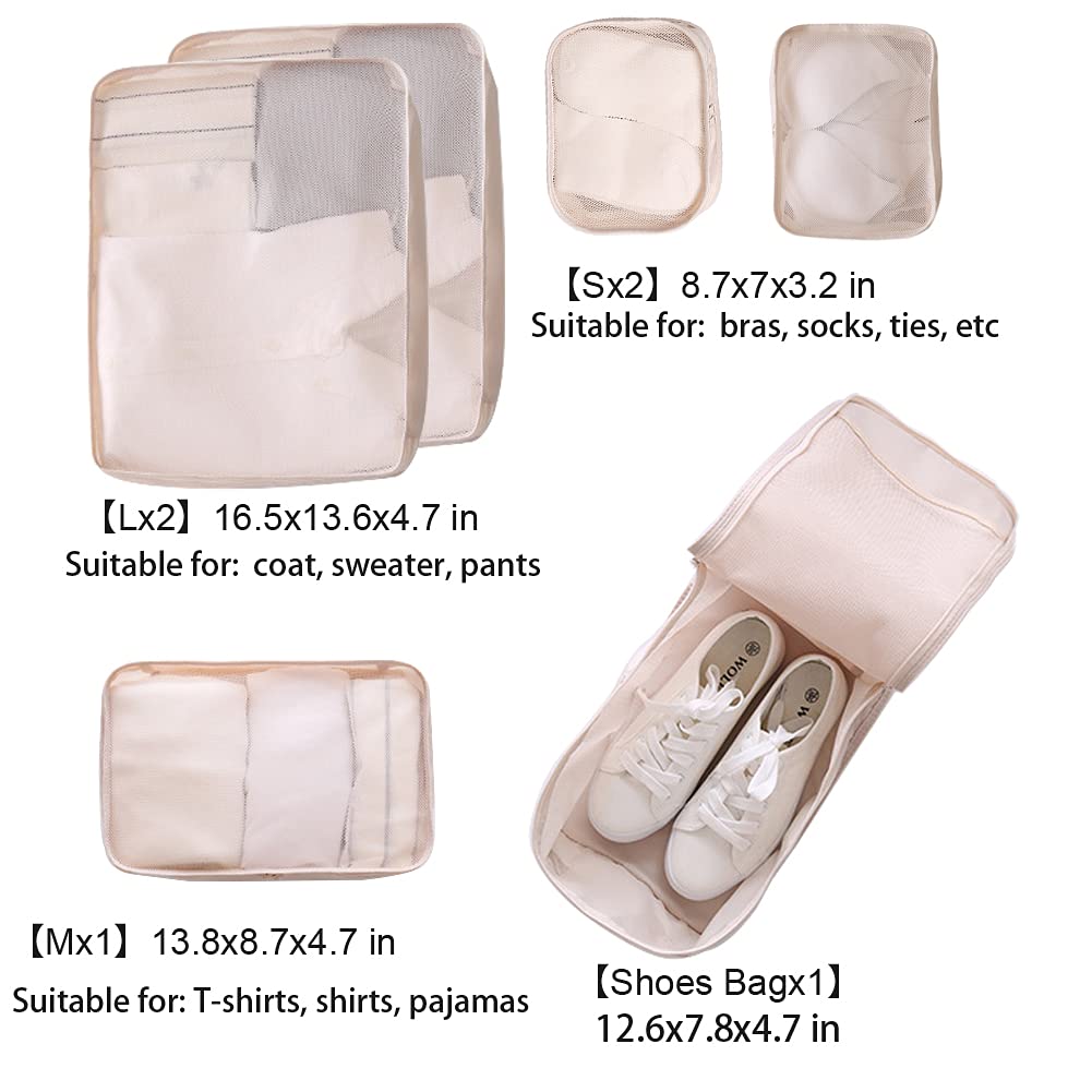 6 Set Travel Packing cubes luggage Organizer Waterproof Shoe Bag Cream  HLC019