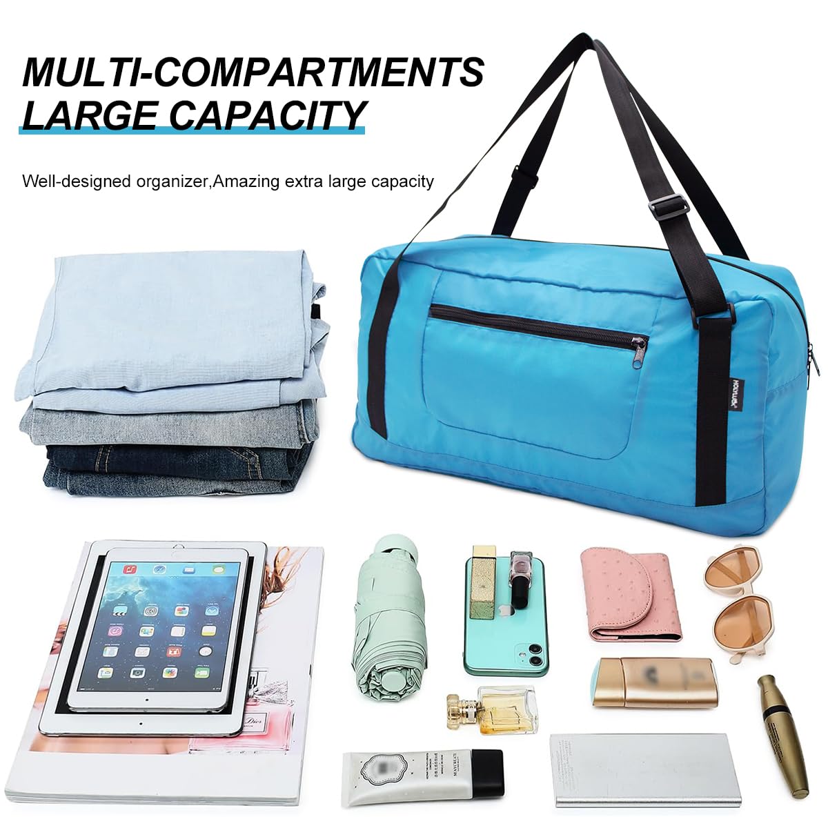 Foldable Travel Duffel Bag For Women & Men Luggage Great for Gym - sky blue HLC008