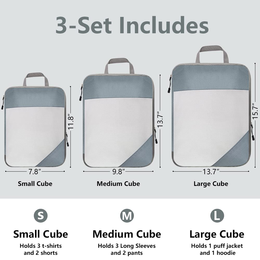 3 Pack Expandable Compression Packing Cubes for Travel, Storage Bag Luggage Mesh Grey Mesh3 HLC079