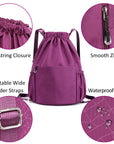 Drawstring Backpack Sports Gym Bag With Multi Pockets Purple HLC049
