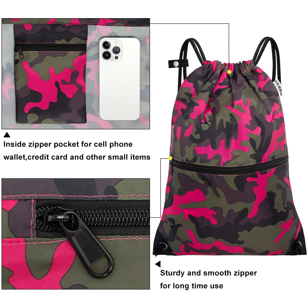 Drawstring Backpack Sports Gym Bag With Multi Pockets PinkGreen Camo HLC004
