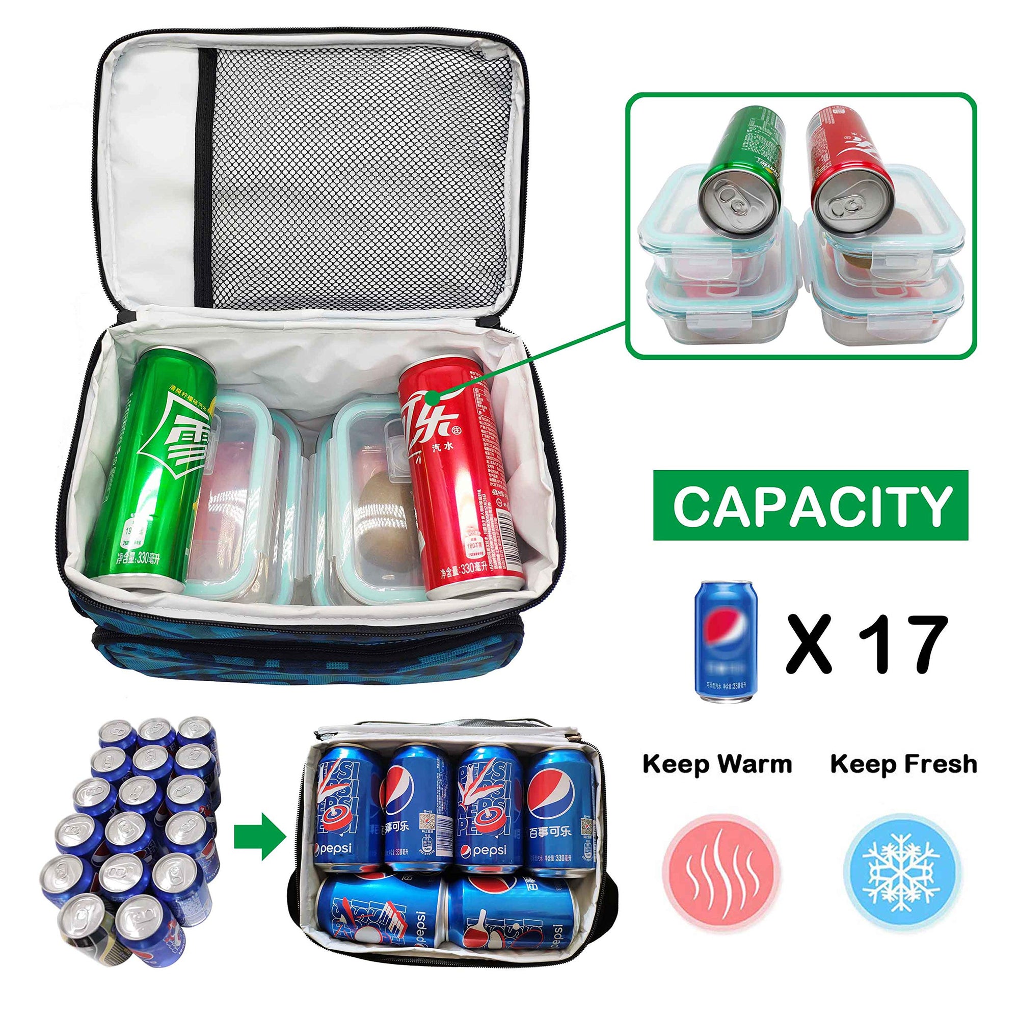 Reusable Insulated Cooler Lunch Bag Leakproof Meal Lunch Box with Multi-Pockets Blue Camo L HLC027
