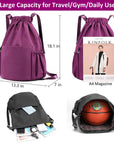 Drawstring Backpack Sports Gym Bag With Multi Pockets Purple HLC049