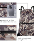 Drawstring Backpack Sports Gym Bag With Multi Pockets Brown Camo HLC004