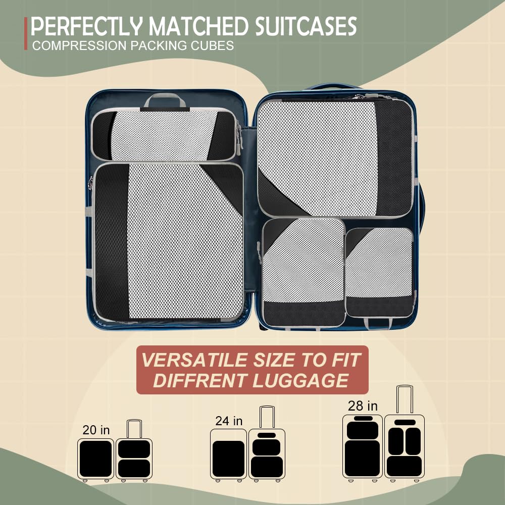 5 Pack Expandable Compression Packing Cubes for Travel, Storage Bag Luggage Mesh Black HLC089