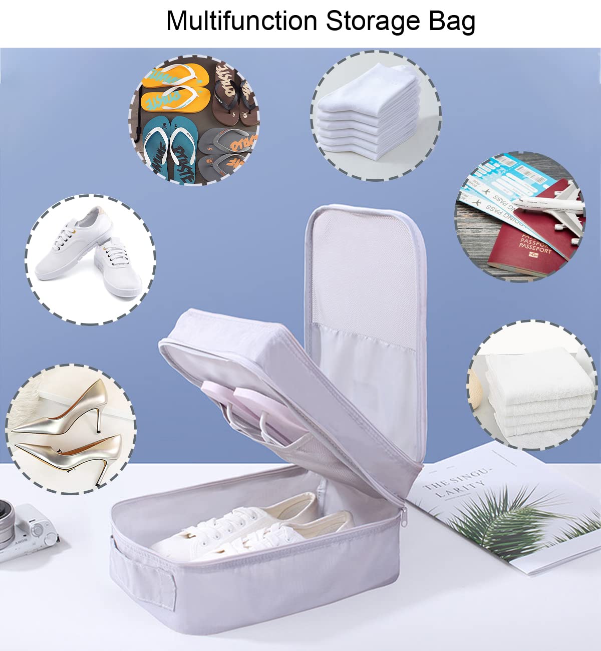 Shoe Bag for Travel Holds 3 Pair of Shoes with Zipper Grey HLC064