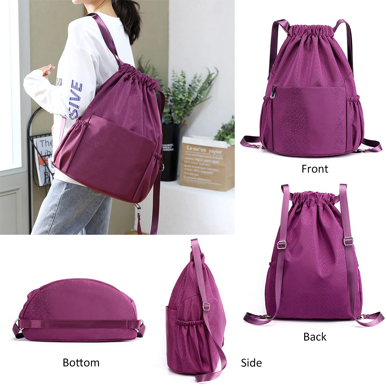 Drawstring Backpack Sports Gym Bag With Multi Pockets Purple  HLC040