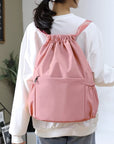 Drawstring Backpack Sports Gym Bag With Multi Pockets Pink  HLC040