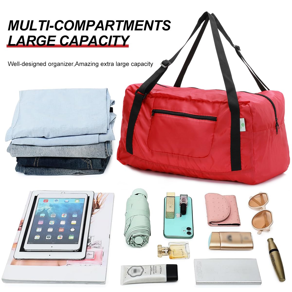 Foldable Travel Duffel Bag For Women & Men Luggage Great for Gym (Red) HLC008