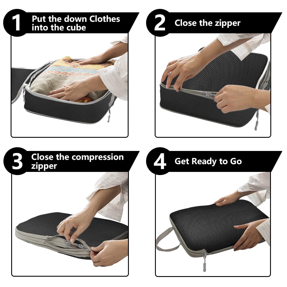 4 Pack Expandable Compression Packing Cubes for Travel, Storage Bag Luggage Black HLC084
