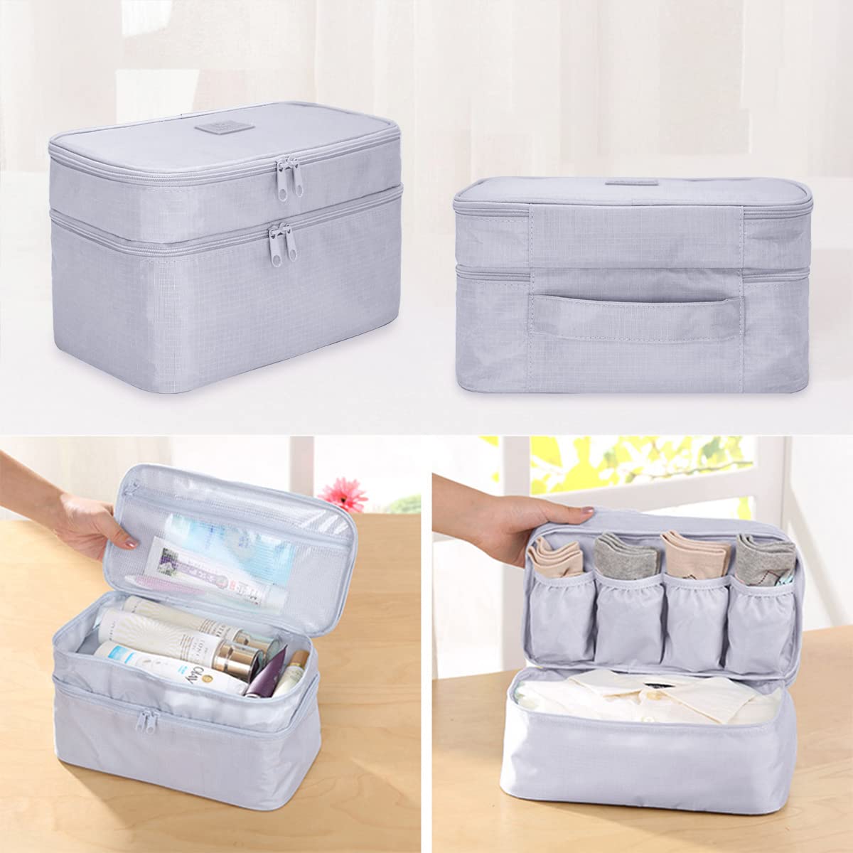 Travel Double Layer Waterproof Organizer Cosmetic Toiletry Bag Grey HLC063