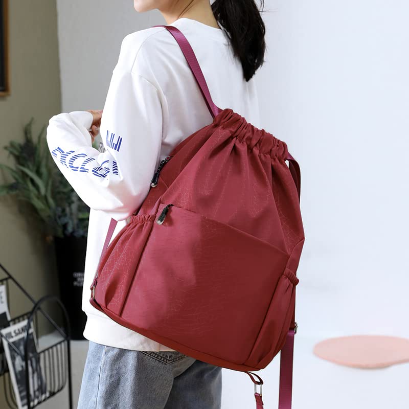 Drawstring Backpack Sports Gym Bag With Multi Pockets Red  HLC040