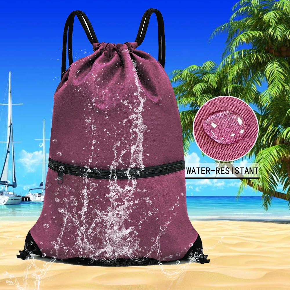 Outdoor Sport Gym Sack Waterproof Drawstring Backpack Bag Burgundy HLC001
