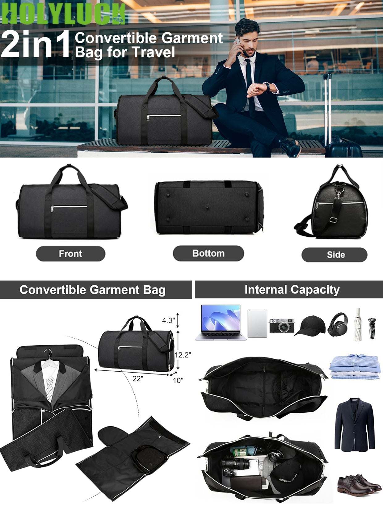 Wrinkle-free garment bag—keeps suits crisp, luggage tidy, and travel effortless.