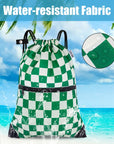 CALACH Drawstring Backpack Bag Sport Gym Sackpack White and Green Grid HLC001