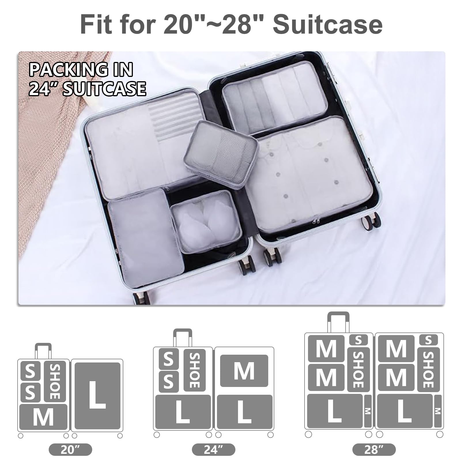 6 Set Travel Packing cubes luggage Organizer Waterproof Shoe Bag Grey HLC019