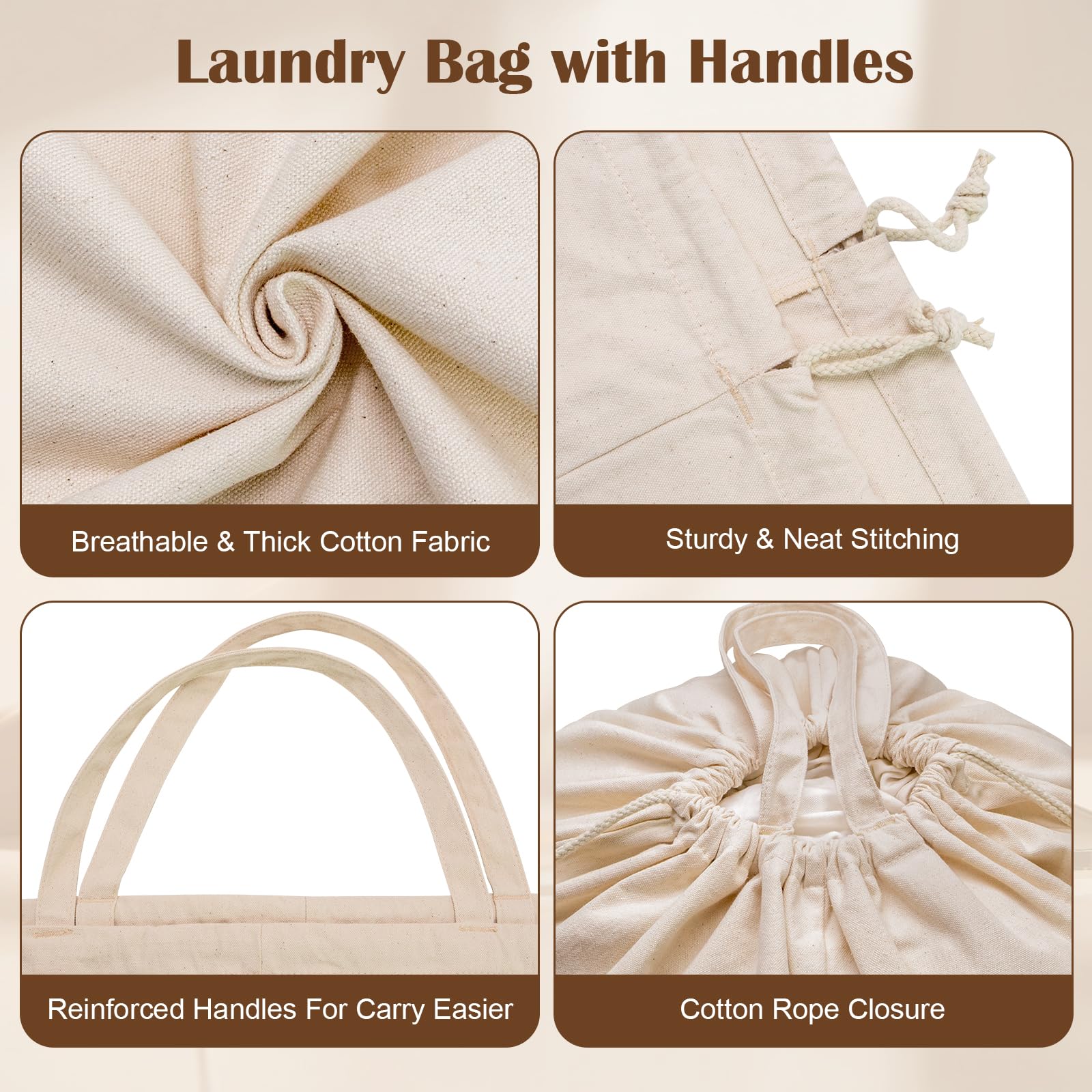 Cotton Canvas Laundry Bag 33"Wx 35"H, Thick Cotton Laundry Bag with Handles &amp; Drawstring, Extra Large Heavy Duty Washable Basket Liner Hamper Liner Storage Sack (Natural HRS11)