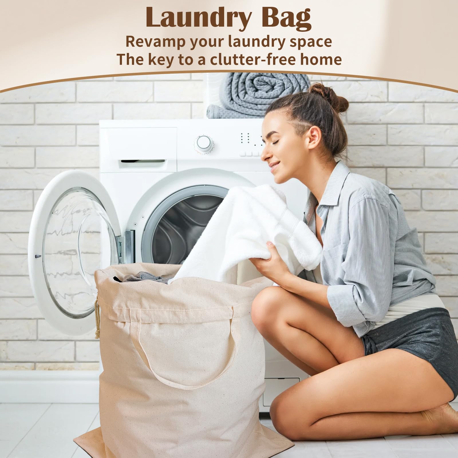 Cotton Canvas Laundry Bag 33"Wx 35"H, Thick Cotton Laundry Bag with Handles &amp; Drawstring, Extra Large Heavy Duty Washable Basket Liner Hamper Liner Storage Sack (Natural HRS11)