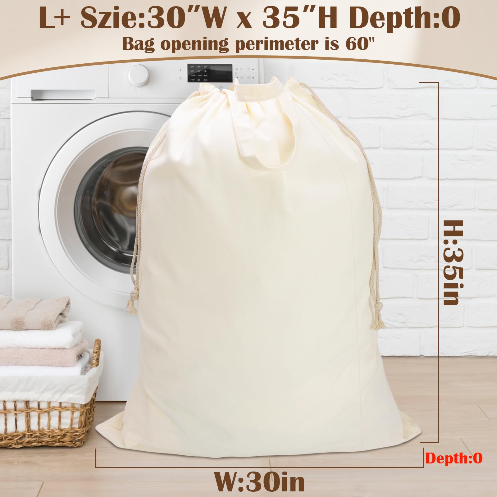 Canvas Laundry Bag with Handles &amp; Drawstring Closure 30”Wx35"H, Thick Canvas Laundry Bag Large Heavy Duty Washable Dirty Clothes Travel Sack for Camp, College Dorm, Laundromat (Beige HRS11)
