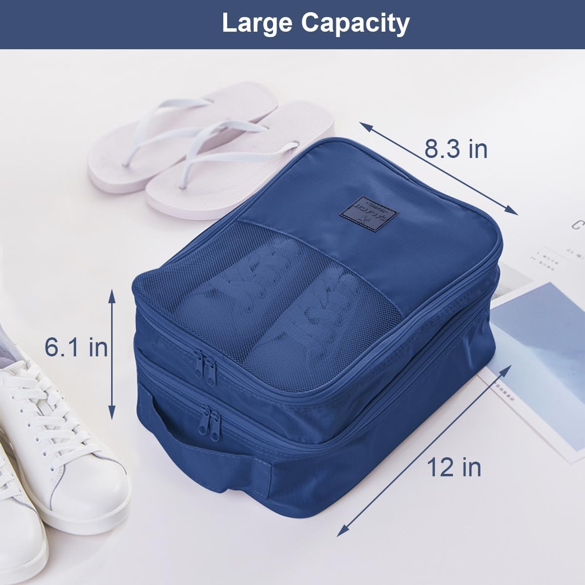 Shoe Bag for Travel Holds 3 Pair of Shoes with Zipper French Navy HLC064