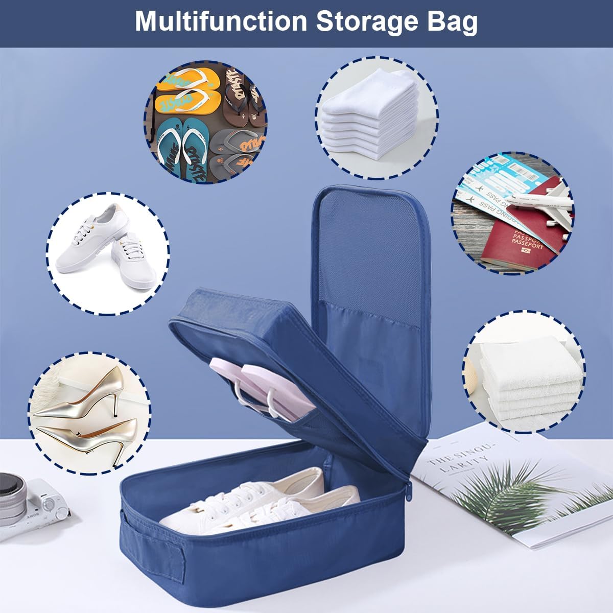 Shoe Bag for Travel Holds 3 Pair of Shoes with Zipper French Navy HLC064
