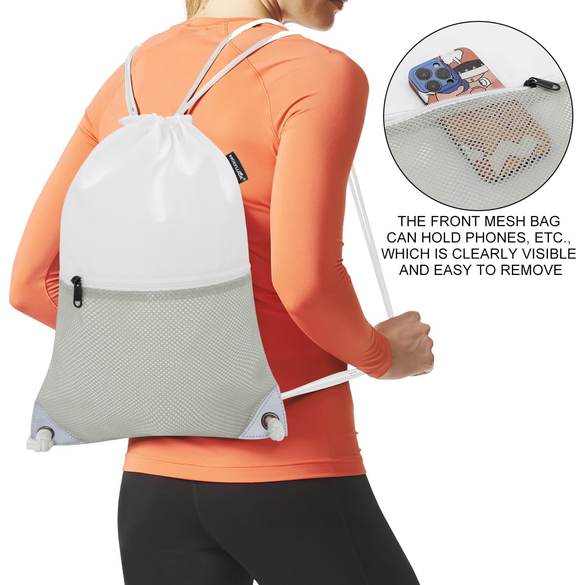 HOLYLUCK Drawstring Backpack Gym Sports Bag with Front mesh zipper Pocket (white and grey) HLC402