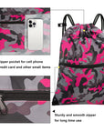 Drawstring Backpack Sports Gym Bag With Multi Pockets Greypink Camo HLC004