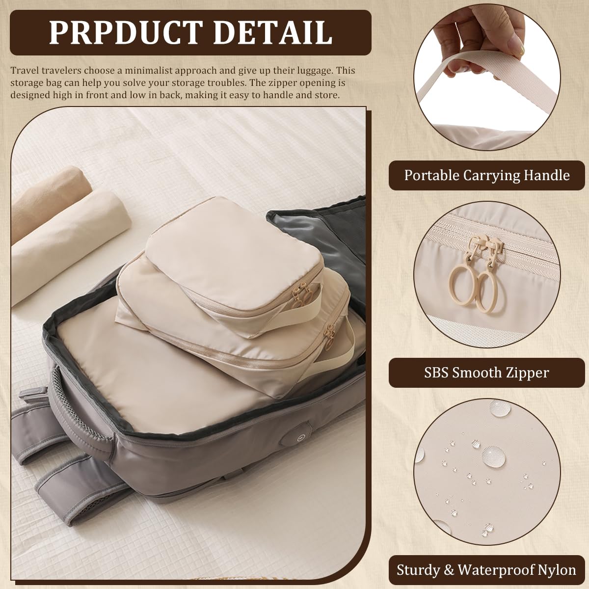 Compression Packing Cubes for Backpack Cream 3Pcs HLC092 – HolyLuck