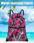 Drawstring Backpack Sports Gym Bag With Multi Pockets Greypink Camo HLC004