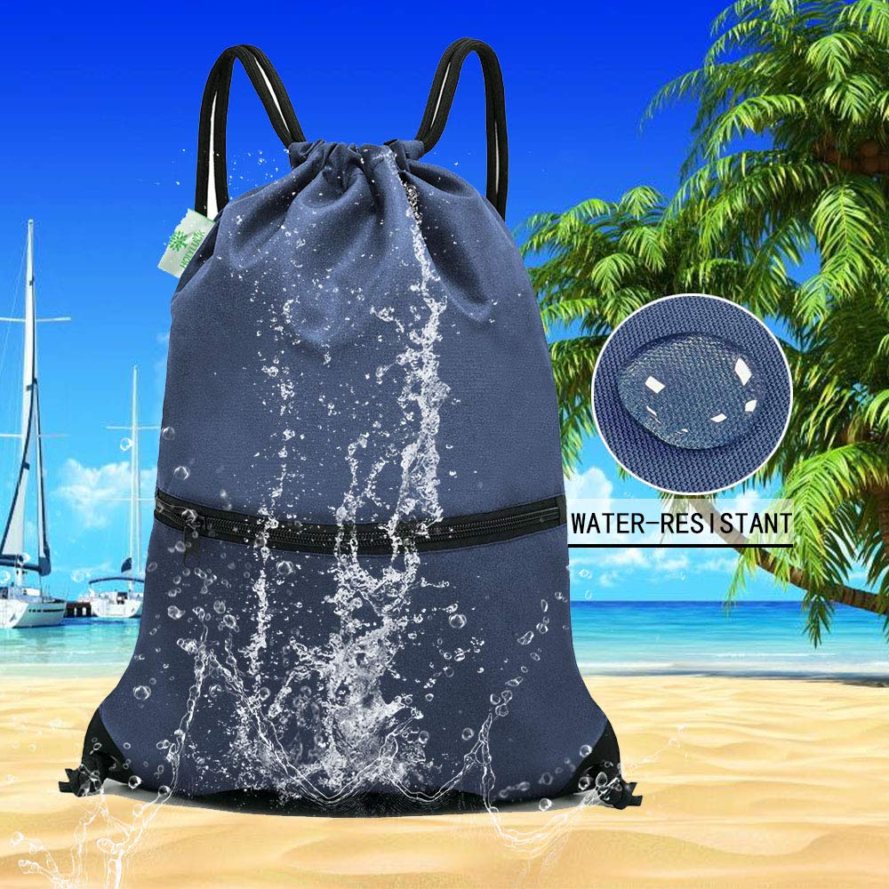 Outdoor Sport Gym Sack Waterproof Drawstring Backpack Bag Navy Blue HL HolyLuck