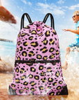 Drawstring Backpack Bag Sport Gym Sackpack Pink Leopard HLC001